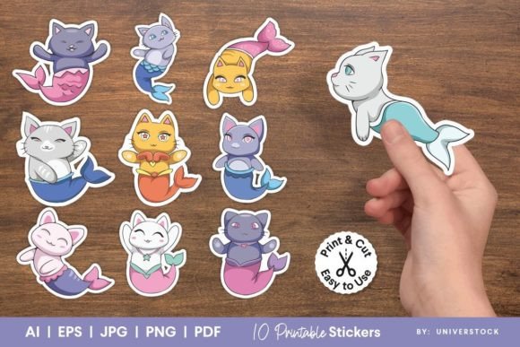Download Cute Mermaid Cats Printable Stickers - Sticker Collection