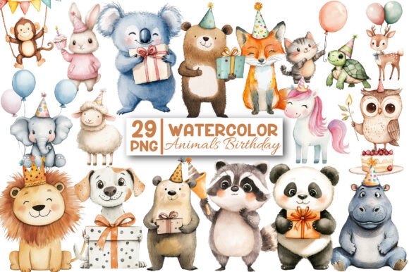 Download Watercolor Animals Birthday Clipart - Animal Collection