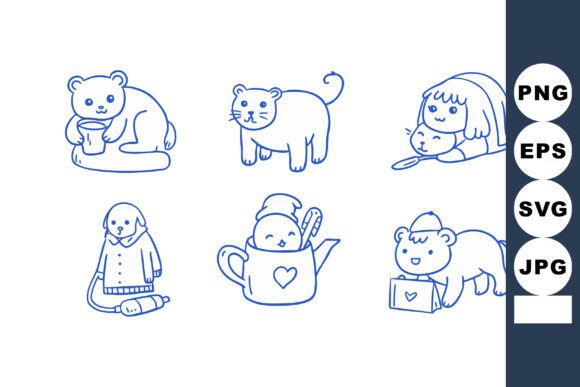 Download Cute Blue Line Art Animals and Children - Animal Collection
