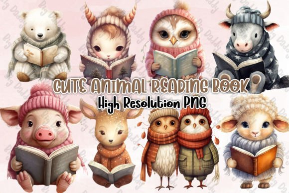 Download Cute Animal Reading Book Clipart PNG - Animal Collection