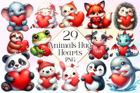 Download Adorable Animals Hug Hearts Clipart PNG - Animal Collection