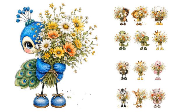 Download Cute Spring Animals Holding Wildflower - Animal Collection