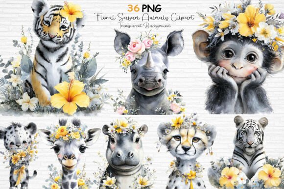 Download Floral Safari Animals Clipart PNG - Safari animals Collection