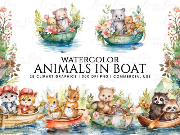 Download Watercolor Animals in Boat Clipart - Animal Collection