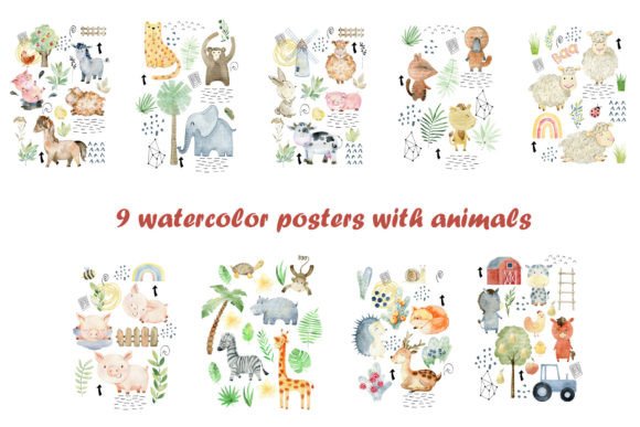 Download 9 Posters with Watercolor Animals. - Animal Collection