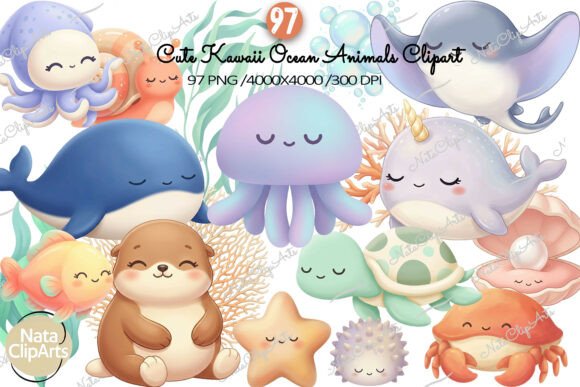 Download Cute Kawaii Ocean Animals Clipart Set - Animal Collection