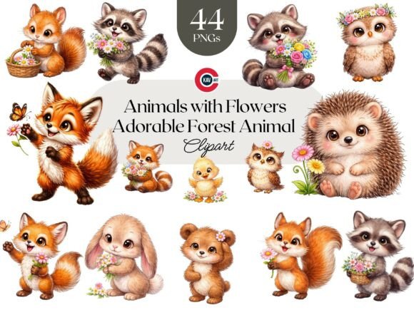 Download Woodland Adorable Animals with Flowers - Animal Collection