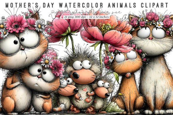 Download Mothers Day Watercolor Animals Clipart - Animal Collection