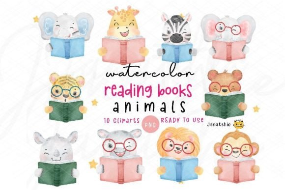 Download Watercolor Cute Animal Reading Book Png - Animal Collection